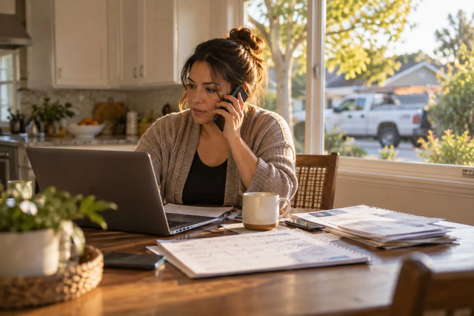 Office manager on the phone at her kitchen table with a laptop and invoices