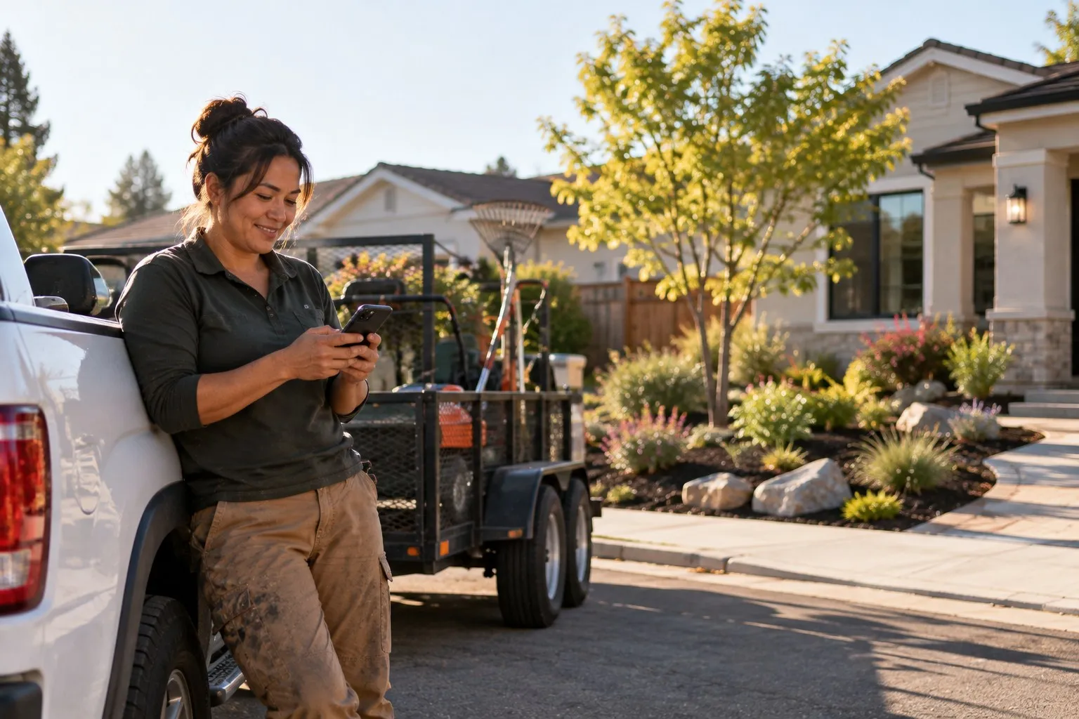 Landscaping business owner by her truck and trailer, smiling at her phone